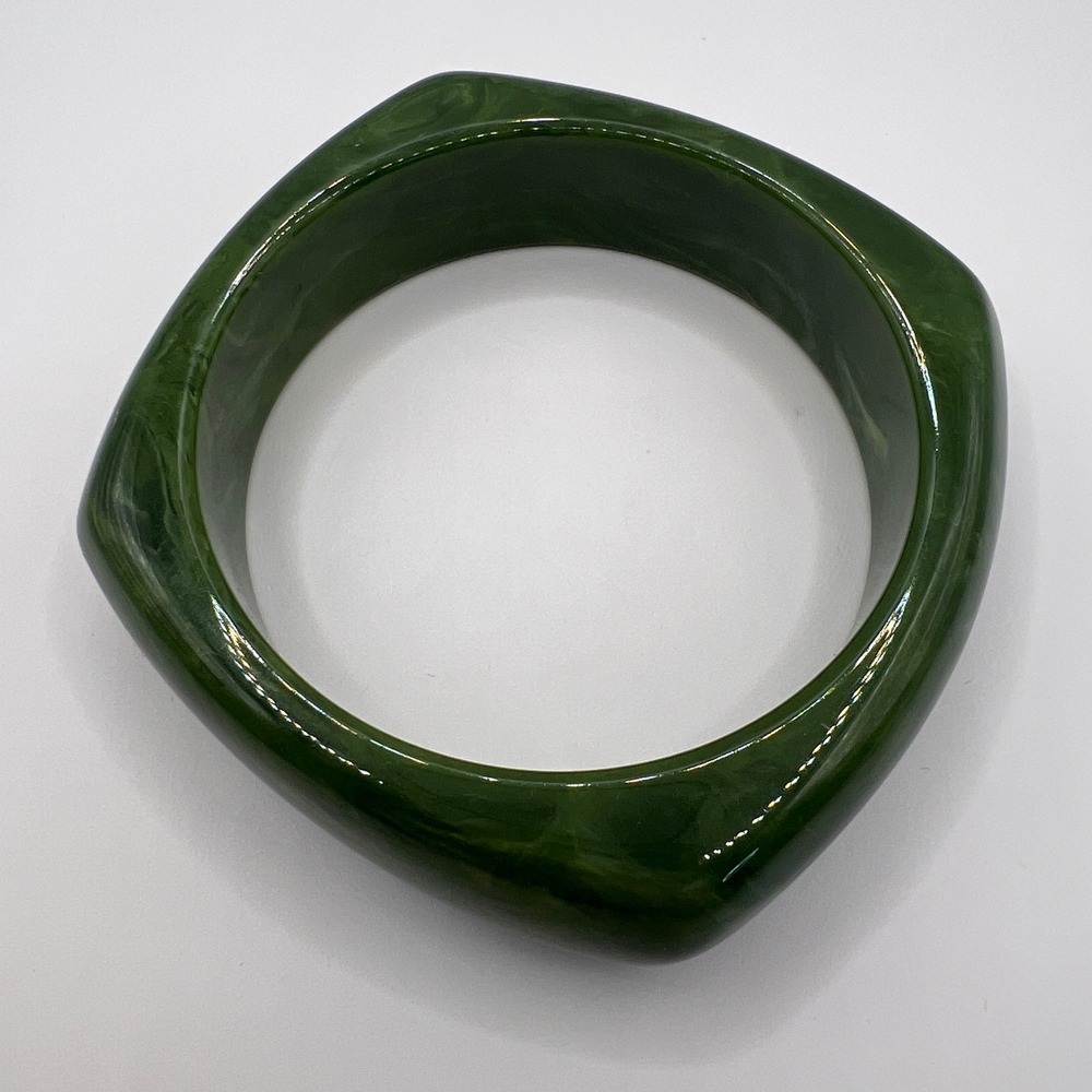 Vintage Marbled Green Resin Chunky Bangle Square Round Statement Bracelet
